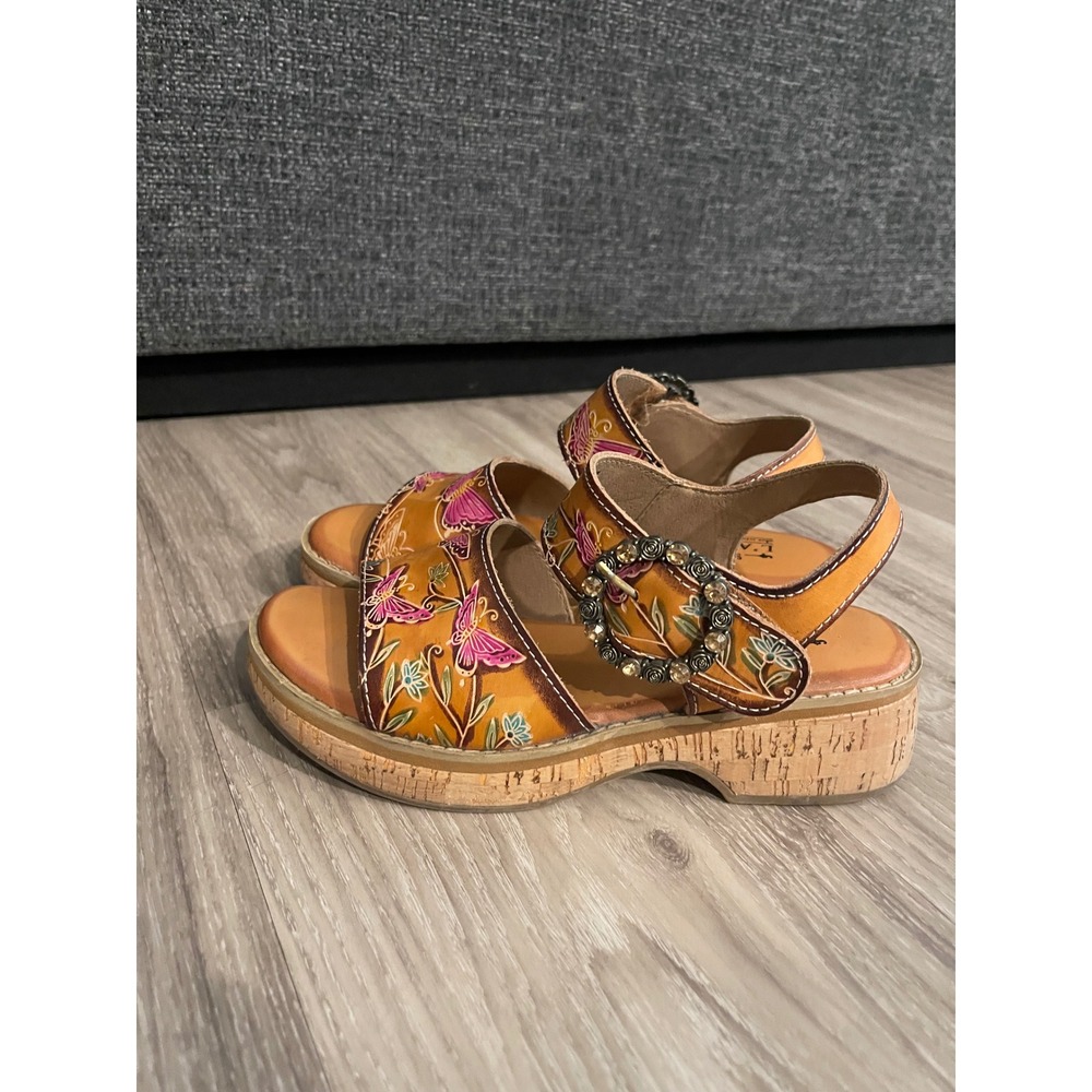 L'artiste Women's Artsy Wedge Sandals Boho Fairycore Painted Bejeweled Buckle